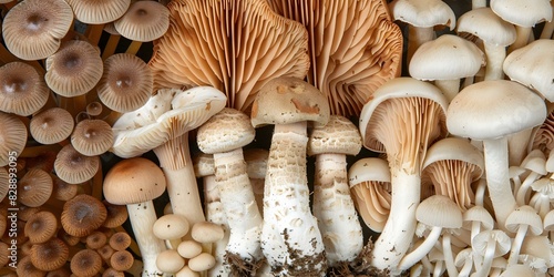 Detailed closeup of various mushrooms in a cluster showing different shapes and colors. Concept Close-up Photography, Mushroom Cluster, Shapes and Colors, Nature's Variety