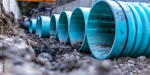 Banner image of plastic sewage pipe installation at house construction site. Concept Construction Site, Plastic Pipes, Sewage System, Installation, House Building