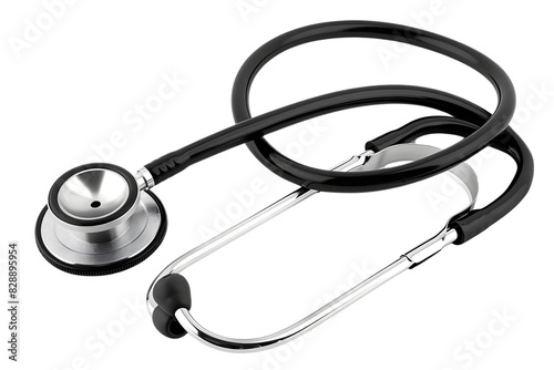 A black and silver stethoscope lies on a white background. The stethoscope is a medical tool used to listen to the heart, lungs