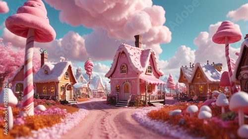 A Magical Candy Land: Sweet Game Landscape with Pink Clouds, Caramel Village, Sugar Houses, and Whimsical Roads. Generative AI.