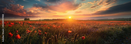 Majestic sunset over a vast field with red poppies and wildflowers in bloom