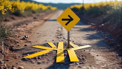 A yellow sign pointing in opposite directions on a dirt road, suitable for navigation concepts. Generative AI.
