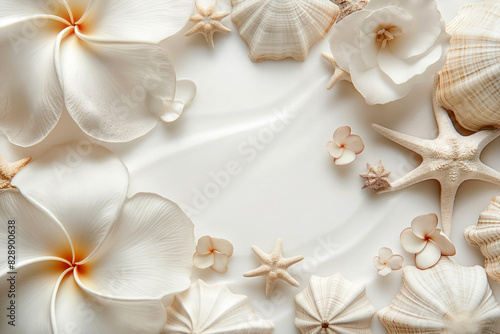 Summer banner with copy space. Frangipani plumeria flowers, starfish, seashells in white and beige colors