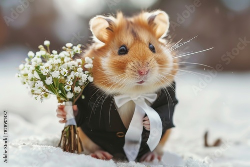 An adorable hamster dressed in a miniature tuxedo, holding a tiny bouquet of flowers, and expressing pure joy with a beaming smile.