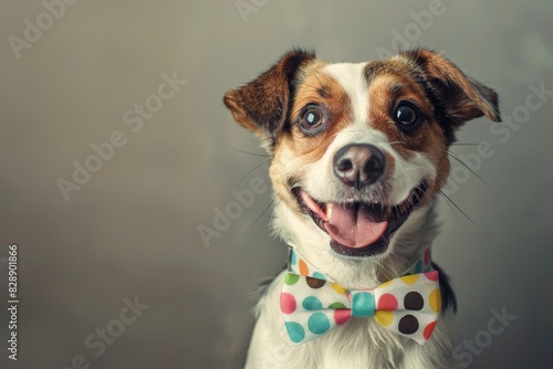 Meet a joyous dog adorned in a vibrant polka dot bowtie, beaming with happiness.