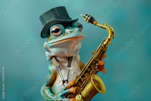 A comical frog sporting a stylish bowler hat and skillfully playing a saxophone, adding a touch of whimsy to the air.