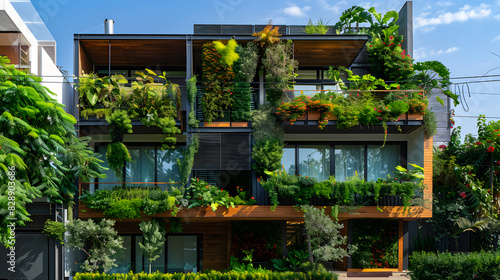 A tall building with a green roof and a lot of plants