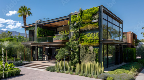 A tall building with a green roof and a lot of plants