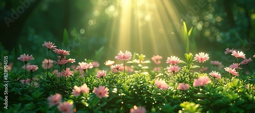 Bunga bermekaran di suatu hutan di foto dengan sorotan cahaya dari atas