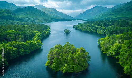 Aerial View of Lush Green Forest Surrounding Serene Loch Lomond on a Summer Day with Mountainous Backdrop and Captivating Blue Waters