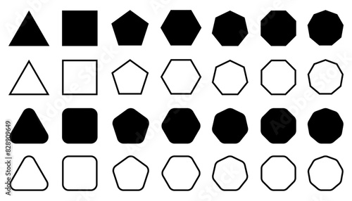 Geometric shapes set with rounded corners, triangle square pentagon hexagon heptagon octagon, sharp and slightly rounded version