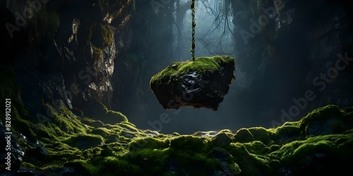 The Enigmatic Black Rock: An Upside-Down Moss Question Mark. Concept Outdoor Photoshoot, Nature Photography, Mossy Rocks, Mystery Scenes