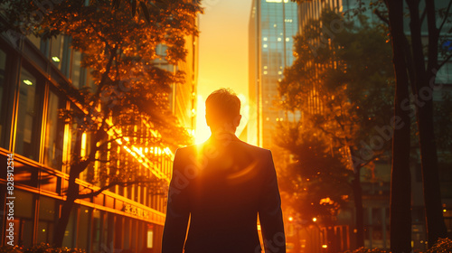 man walking on the street in city at sunset