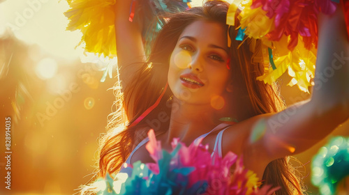 A woman is holding a bunch of colorful pom poms and smiling