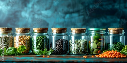 Various green legumes displayed in glass jars on a rustic kitchen table. Concept Food Photography, Glass Jars, Rustic Setting, Green Legumes, Kitchen Table