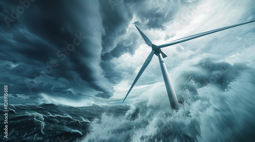 A wind turbine is being battered by a storm