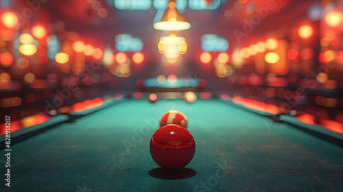 Red billiard balls on a green table in a dimly lit bar, creating a cozy and vibrant atmosphere