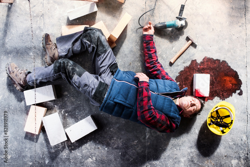 An unconscious man worker lying on the floor after a head injury. Work injury, accident in workplace.