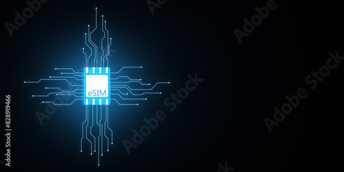 Esim chip card icon with circuit on dark background with mock up place. Embedded sim card cellular mobile technology smart concept. 3D Rendering.