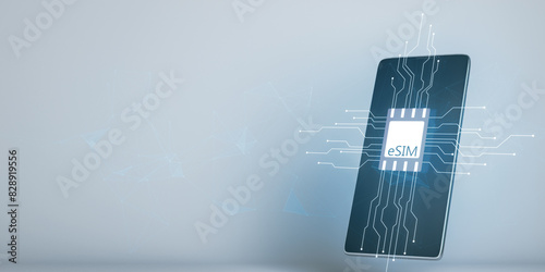 Close up of smartphone with Esim chip card icon with circuit on blurry light background with mock up place. Embedded sim card cellular mobile technology smart concept. 3D Rendering.
