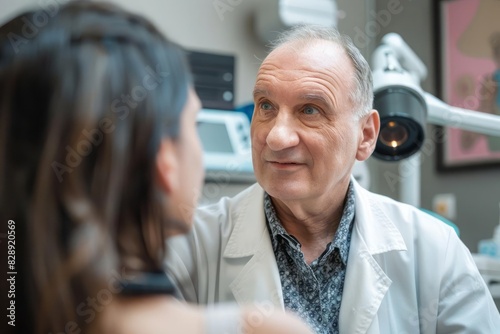 A concerned dermatologist examining suspicious moles on a patient with medical equipment in the background