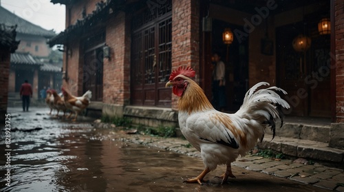 wild chicken escaping in panic from kitchen out to the streets of an ancient Chinese water town during qing dynasty, chicken losing feathers, pure pani