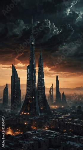 Alien cityscape with towering structures and otherworldly terrain.