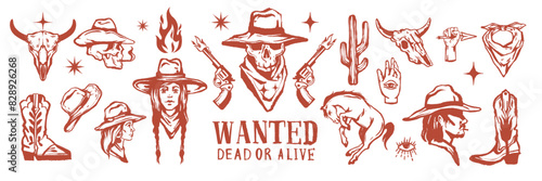 Wild West icon set, Texas cowboy vector grunge tattoo, boho hand drawn American engraving sticker. Vintage linocut western print kit, doodle cowgirl portrait, boots, gun, skull. Wild West collection