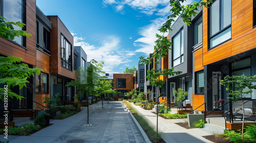 Street of modular houses and trees nearby, sales concept