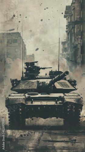 A vintage-style poster featuring an Military tank M1 Abrams in an urban combat setting The text emphasizes the tanks adaptability