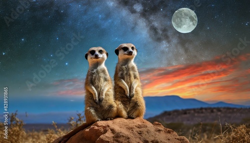 Meerkats living in southern Africa with a background of a sunset with a moon and dark red-blue lighting