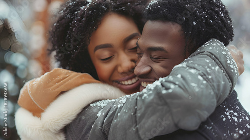 Smiling black african american young couple hugging her boyfriend for Valentine's Day,