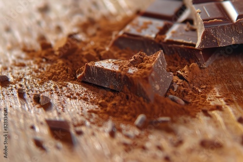 The edge of a chocolate bar breaking into pieces with a trail of cocoa powder leading the eye across a polished wooden surface