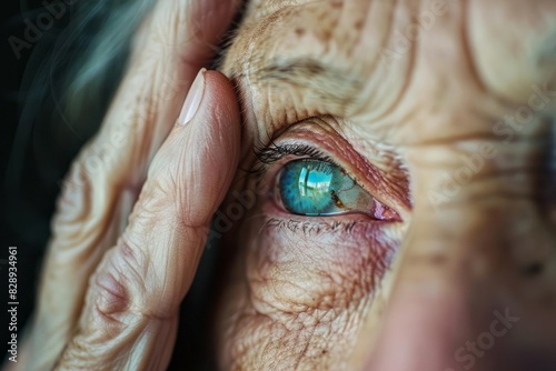 A senior woman eye with a cataract with her hand gently resting on her face conveying the concept of vision care