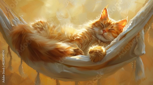 drawing of a carved cat sleeping on a small hammock in warm rays. Generative ai