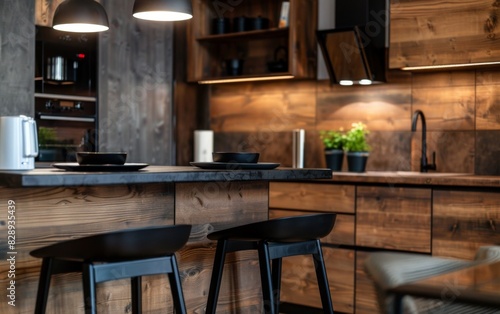 A close-up view of a modern kitchen featuring dark wooden cabinets and sleek black stools