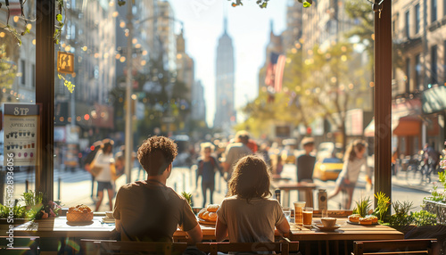 a telephoto shot of a couple sitting in a cozy street cafe enjoying coffee and pastries, with the bustle of the city and the Empire State Building in the background, children playi