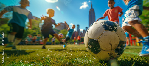 a close-up image of children kicking a soccer ball on a grassy playground, with friends cheering and the Empire State Building visible among the city buildings in the distance, chi