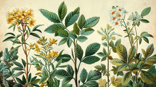 Intricate vintage botanical illustrations with detailed plants, perfect for an elegant and sophisticated background