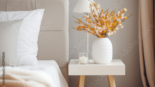 beautiful night light on the bedside table with a vase and flowers, coziness and atmosphere