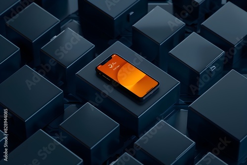 Minimalist black and orange background with iPhone mockups on dark blue cubes, showcasing the latest design trends for Apple's next generation phone in 2035 