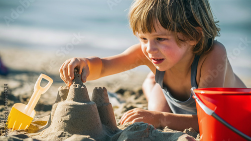 photography of a caucasian happy kid building a sandcastle on the beach, family vacations in the caribbean