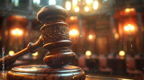 A wooden gavel rests on a block, ready to strike in a courtroom setting. The warm glow of lights behind suggests a sense of formality and authority.