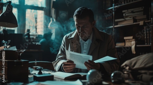 A detective in a dimly lit room, crossreferencing clues in a notebook with items in an evidence bag