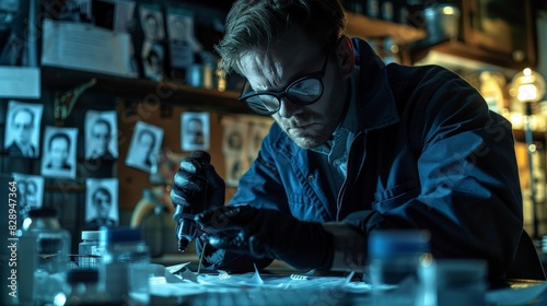 A detective using various tools to examine evidence, suspect profiles pinned on a board in the background