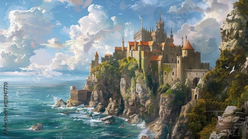  A medieval castle on a cliff overlooking the ocean, with knights and dragons. Medieval castle, cliffside setting, ocean view, knights, dragons, epic fantasy. Resplendent