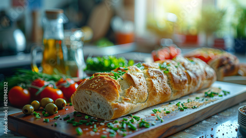 ciabatta bread loaf, on wooden board, beautiful dark moody lighting, busy kitchen background, tomatoes, green onions, olives