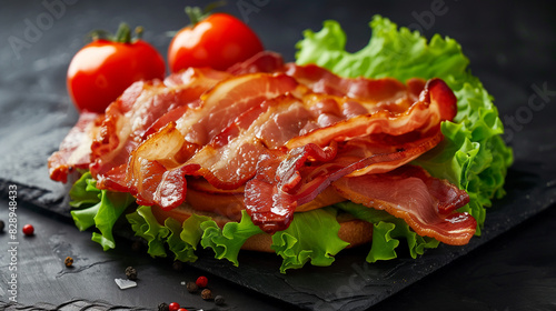 crispy bacons lettuce and tomatoes on an open sandwich