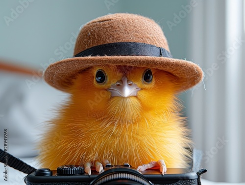 Modern composition of a kiwi in a bowler hat, next to a sleek mirrorless camera, bold colors, stylish design