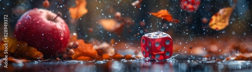 Dynamic scene of dice tumbling near a bitten apple and a bird feather, action captured in midair